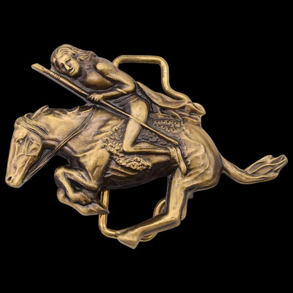 Horseback Native American Solid Brass Vintage Bel… - image 1