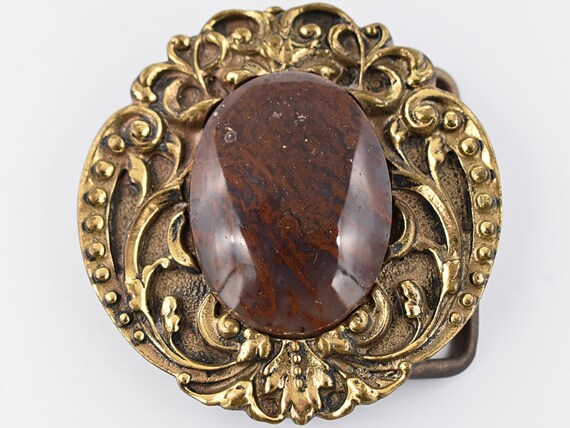 Solid Brass Floral Pattern Fitted Mossy Agate Sto… - image 1