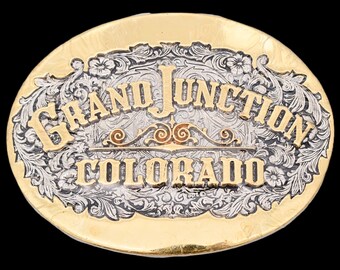 Grand Junction Colorado Gold Plate Solid Brass Vintage Belt Buckle