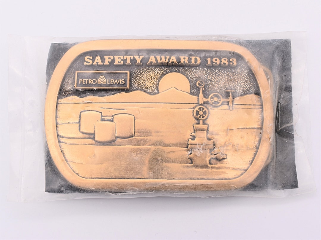 Petro Lewis Oil Company Safety Award 1983 Solid Brass Vintage Belt
