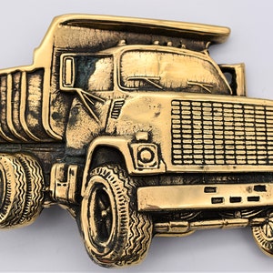 Dump Truck Freightliner Construction Worker Trucker Solid Brass 1980s Vintage Belt Buckle
