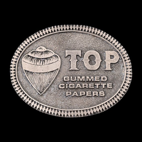 Top Gummed Rolling Papers Cigarettes 70s Marijuana Prohibition Vintage Belt Buckle by Lewis Buckles