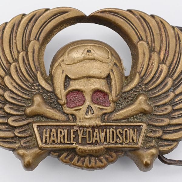 Solid Brass Harley Davidson Winged Skull and Crossbones Punk Metal Biker Vintage Belt Buckle