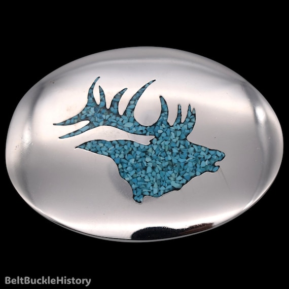 Elk Rut Bugle Stag Deer Turquoise Nickel Silver 1980s Vintage Belt Buckle