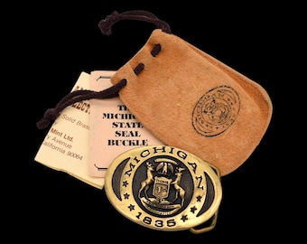Solid Brass Michigan State Seal Solid Brass Vintage Belt Buckle by Heritage Mint [ca. 1970s]