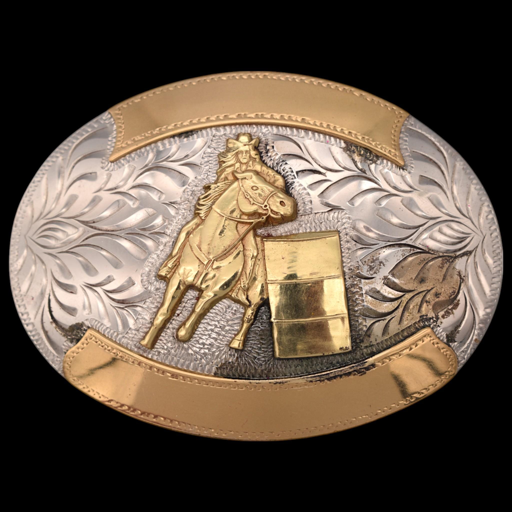 Vintage Nickel Silver Barrel Racing‎ Trophy Award Style Belt Buckle Vintage Cowboy Saddle Bronc Trophy Award Comstock German  main image 3