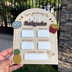 May include: An arched wooden IVF milestone tracker sign with the text Our journey to baby Salgado. It features white acrylic rectangles for writing data under the labels Retrieved, Mature, Fertilized, Embryos, and Transfer Date, with decorative icons.
