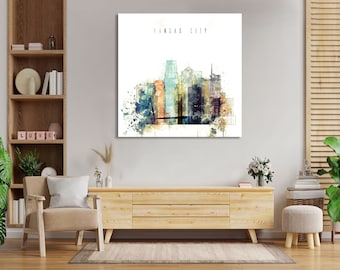 Kansas City framed canvas wall art, Missouri artistic prints on canvas, ready to hang at your home or office, Kansas City watercolor print