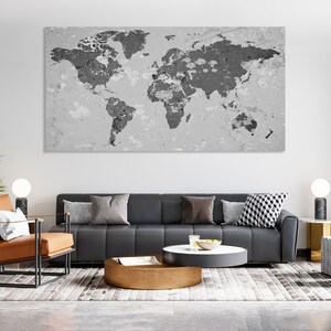 World Map Canvas Print Wall Art decor World Map Wall Decor World Map Print World Map Art Travel Map Canvas Gray World Map Wall Decor