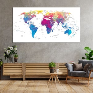 World Map Canvas Wathercolor Print Wall Art Push Pin World Map Wall Decor World Map Print World Map Art Travel Map Canvas Art Canvas Decor image 9