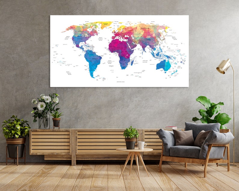 World Map Canvas Wathercolor Print Wall Art Push Pin World Map Wall Decor World Map Print World Map Art Travel Map Canvas Art Canvas Decor image 9