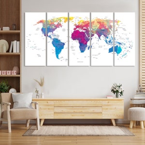 World Map Canvas Wathercolor Print Wall Art Push Pin World Map Wall Decor World Map Print World Map Art Travel Map Canvas Art Canvas Decor image 4