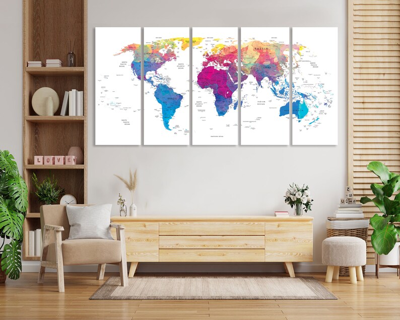 World Map Canvas Wathercolor Print Wall Art Push Pin World Map Wall Decor World Map Print World Map Art Travel Map Canvas Art Canvas Decor image 4