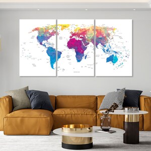 World Map Canvas Wathercolor Print Wall Art Push Pin World Map Wall Decor World Map Print World Map Art Travel Map Canvas Art Canvas Decor image 6