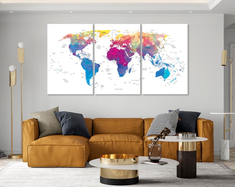 World Map Canvas Wathercolor Print Wall Art Push Pin World Map Wall Decor World Map Print World Map Art Travel Map Canvas Art Canvas Decor image 6