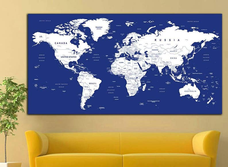 World Map Canvas Print Wall Art Push Pin World Map Wall Decor Etsy