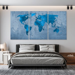 World Map Canvas Watercolor Print Wall Art Push Pin World Map Wall Decor World Map Print World Map Art Travel Map Canvas Art Canvas Decor