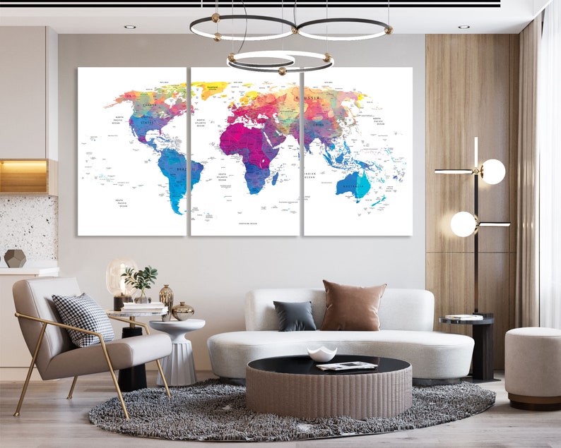 World Map Canvas Wathercolor Print Wall Art Push Pin World Map Wall Decor World Map Print World Map Art Travel Map Canvas Art Canvas Decor image 10