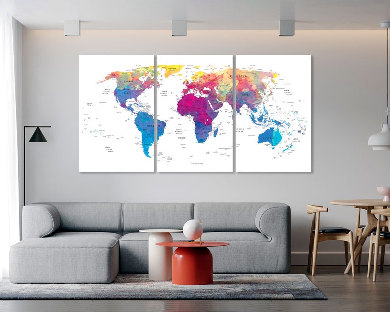 World Map Canvas Wathercolor Print Wall Art Push Pin World Map Wall Decor World Map Print World Map Art Travel Map Canvas Art Canvas Decor image 1