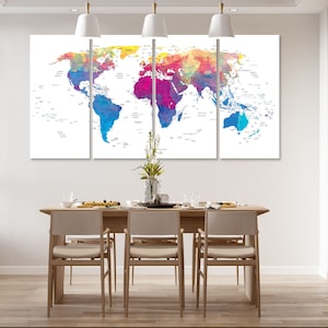 World Map Canvas Wathercolor Print Wall Art Push Pin World Map Wall Decor World Map Print World Map Art Travel Map Canvas Art Canvas Decor image 3