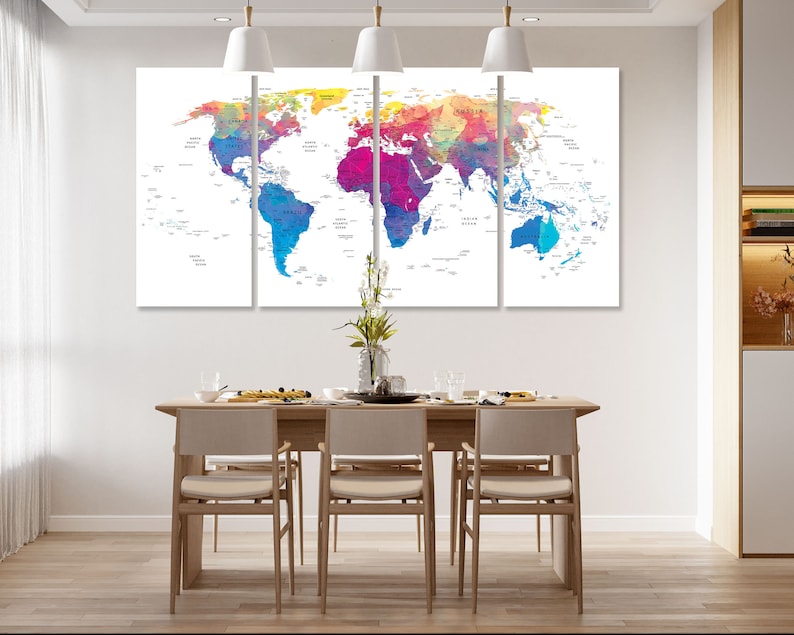 World Map Canvas Wathercolor Print Wall Art Push Pin World Map Wall Decor World Map Print World Map Art Travel Map Canvas Art Canvas Decor image 3