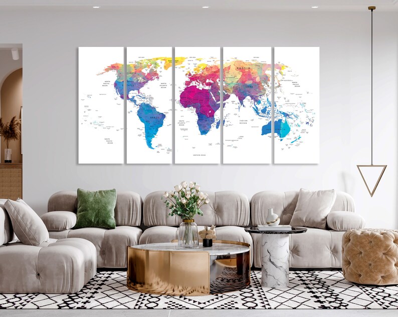 World Map Canvas Wathercolor Print Wall Art Push Pin World Map Wall Decor World Map Print World Map Art Travel Map Canvas Art Canvas Decor image 8