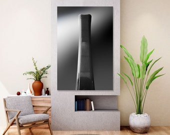 China Zun Tower black and white art for wall decor, Beijing art for home, China wall art print, Architecture of Beijing print canvas