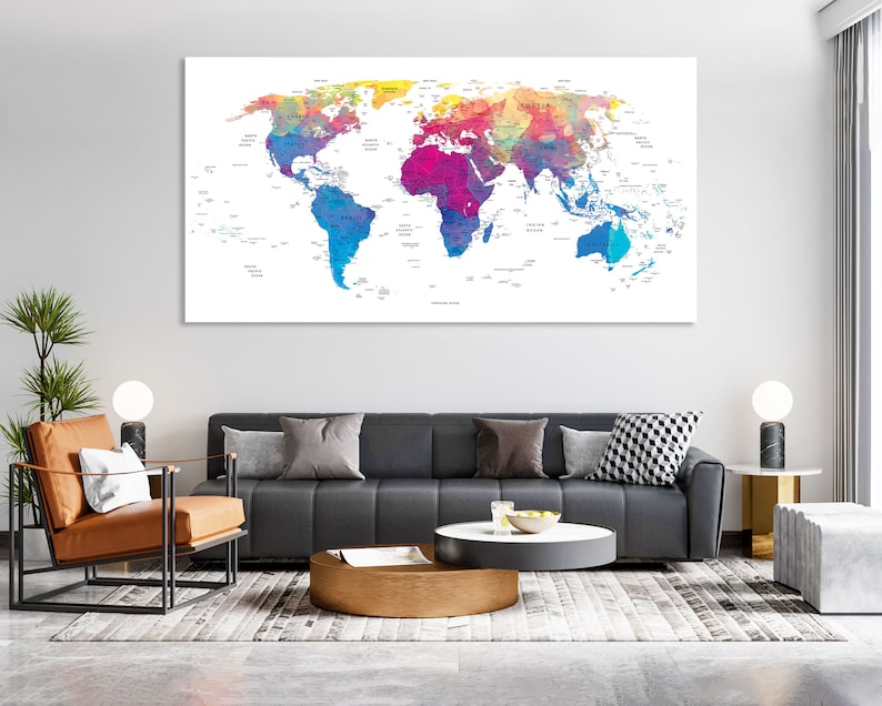 World Map Canvas Wathercolor Print Wall Art Push Pin World Map Wall Decor World Map Print World Map Art Travel Map Canvas Art Canvas Decor image 2