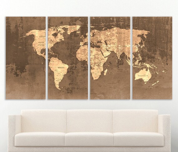 World Map Canvas Print Wall Art Push Pin World Map Wall Decor Etsy