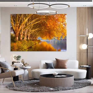 Impresión artística sobre lienzo de lago otoñal con naranjos, arte mural de lago, pintura de paisaje otoñal sobre lienzo, lienzo con impresión de naturaleza, impresión de árboles