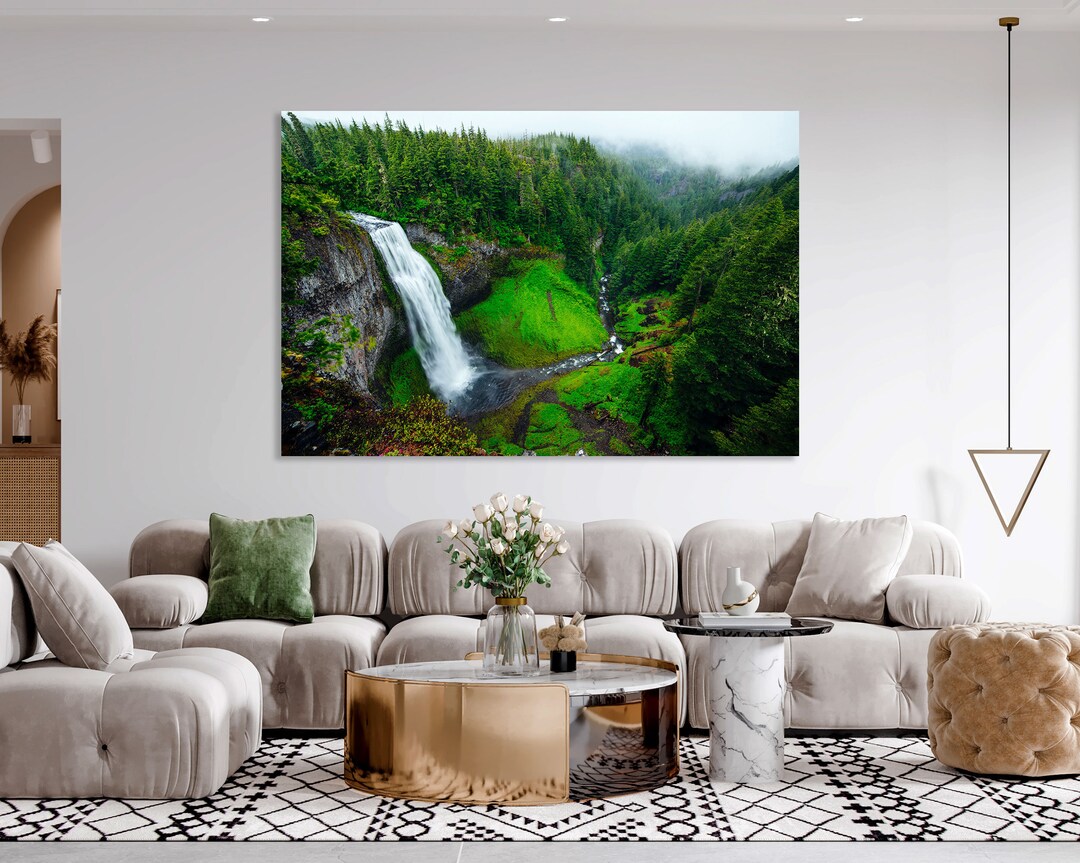 Green Forest Around a Waterfall Wall Decor Prints, Waterfall Print Canvas, Green Forest Modern