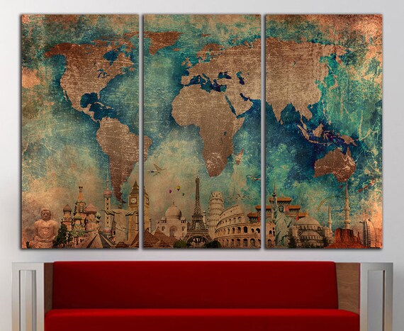 World Map Wall Art Canvas Print World Map Wall Decor World Map Etsy