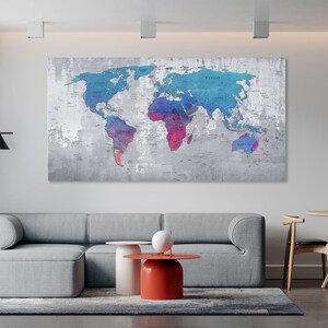 World Map Canvas Wathercolor Print Wall Art Push Pin World Map Wall Decor World Map Print World Map Art Travel Map Canvas Art Canvas Decor