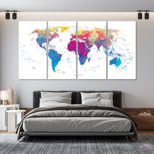 World Map Canvas Wathercolor Print Wall Art Push Pin World Map Wall Decor World Map Print World Map Art Travel Map Canvas Art Canvas Decor image 7