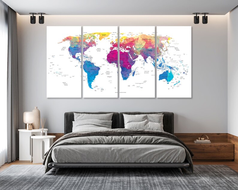 World Map Canvas Wathercolor Print Wall Art Push Pin World Map Wall Decor World Map Print World Map Art Travel Map Canvas Art Canvas Decor image 7