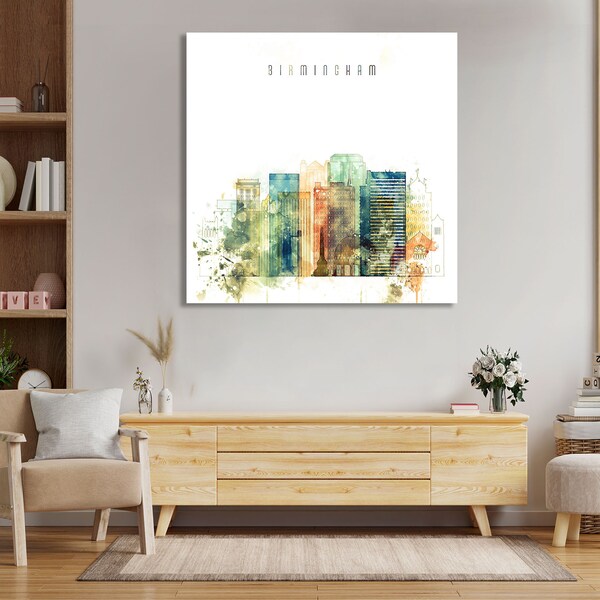 Birmingham framed canvas wall art, Alabama prints on canvas, ready to hang at your home or office, Birmingham watercolor decor wall