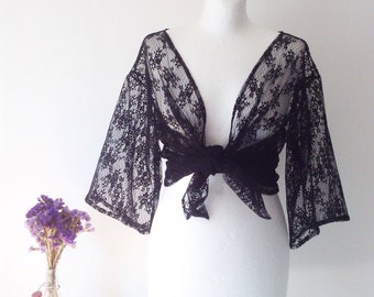 Black Floral Lace Mid-Length Kimono Jacket Cardigan in Romantic Sexy Tulle