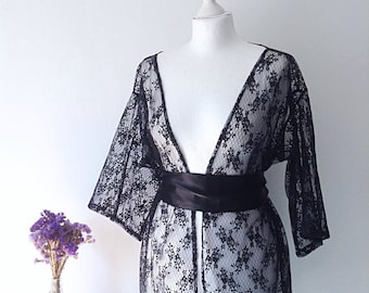 Black Floral Lace jacket Mid-Length Kimono Jacket Cardigan in Romantic Sexy Tulle