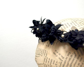 Black Roses Pearls Crown Romantic Flower Tiara Headpiece