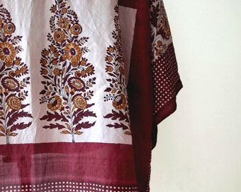 Burgundy Maroon Kimono Style Jacket Cardigan in Hand block printed Silk, Reworked Vintage Scarf
