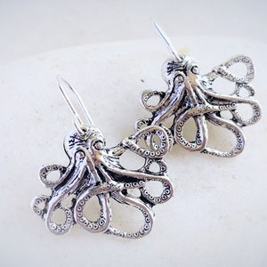 Silver Octopus Earrings, Octopus Jewellery, Available in Sterling Silver or Hypoallergenic Stainless Steel French Wire Hooks