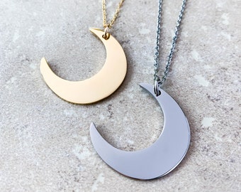 Crescent Moon Necklace, Moon Pendant, Stainless Steel or Gold Plate