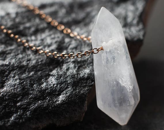 Genuine Rose Gold Necklace With Polished Quartz Large - Large Quartz Crystal Pendant Genuine Rose Gold Necklace With Polished Quartz Large - Large Quartz Crystal Pendant