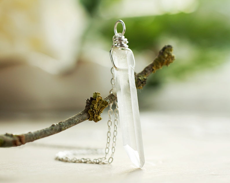 Sterling Silver frosted Quartz necklace, Unisex Quartz crystal necklace, White Quartz pendant, Raw gemstone necklace, April birthstone image 2