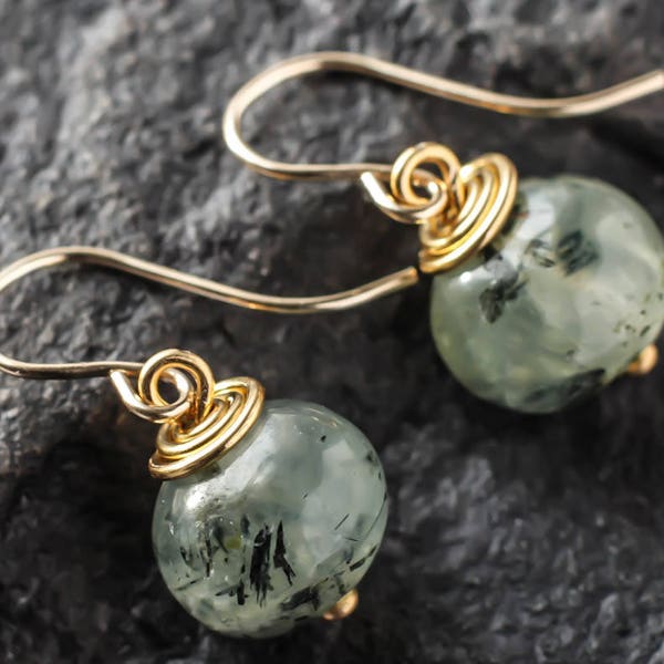 Gold wirewrapped natural Prehnite earrings | Pale green genuine gold earrings | Polished green gemstone earrings | Raw green stone earrings