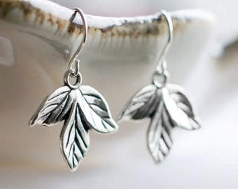 Antique Silver Leaf Earrings, Metal Leaf Charm Nature Earrings, Sterling Silver or Hypoallergenic Stainless Steel Hooks / Leverbacks