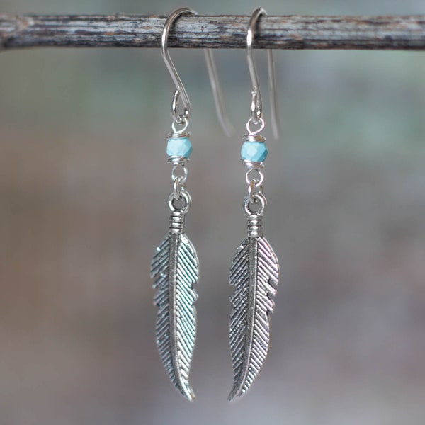 Native American style earrings, Turquoise earrings, Feather earrings, Beaded charm earrings, Made in the UK