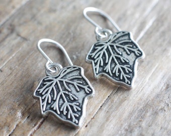 English Ivy earrings, antique silver charms with sterling silver hooks, hypoallergenic stainless steel hooks available, leverback options