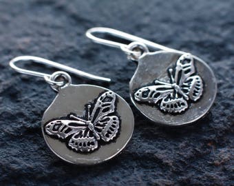 Silver butterfly earrings | Butterfly stamp sterling silver earrings | Engraved butterfly jewellery | Woodland earrings | Nature earrings