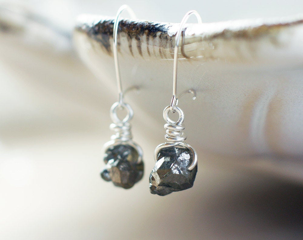 Tiny Metallic Grey Quartz Earrings Wire Wrapped Quartz Nugget Earrings ...